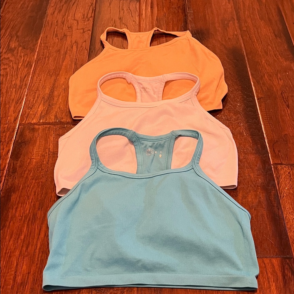 3 Jockey Cropped Padded Racer Back Sports Bras. Size L.